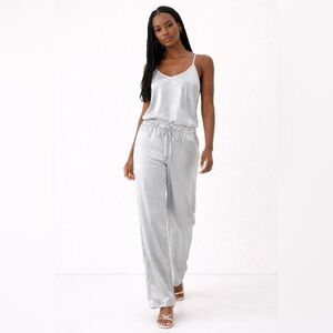 Vintage Blue Silver Satin Two Piece Set Size 44 Camisole Wide Leg Pants Lounge